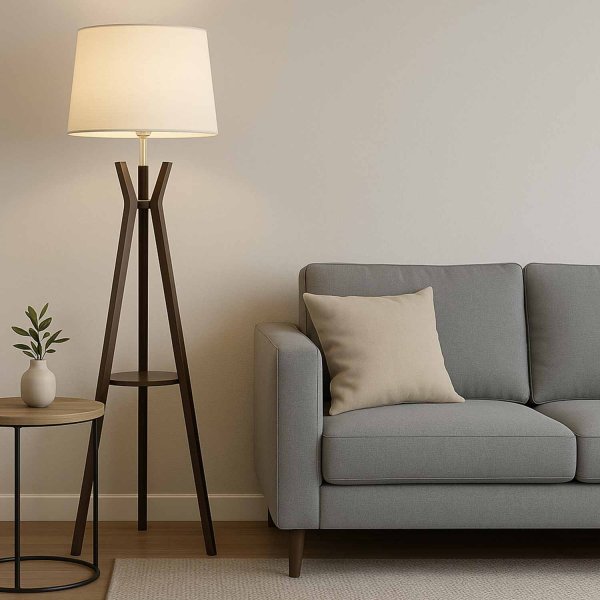 Lampadaire Kubai, design ethnique avec structure en bois et abat-jour tressé
